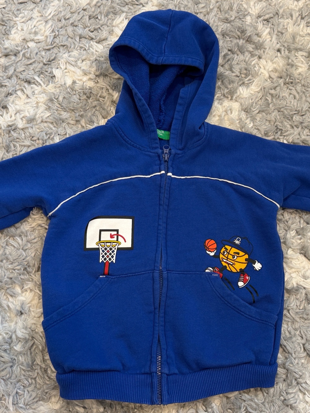 Blue Hooded Kids Zip-Up Sweatshirt with Basketball Patch